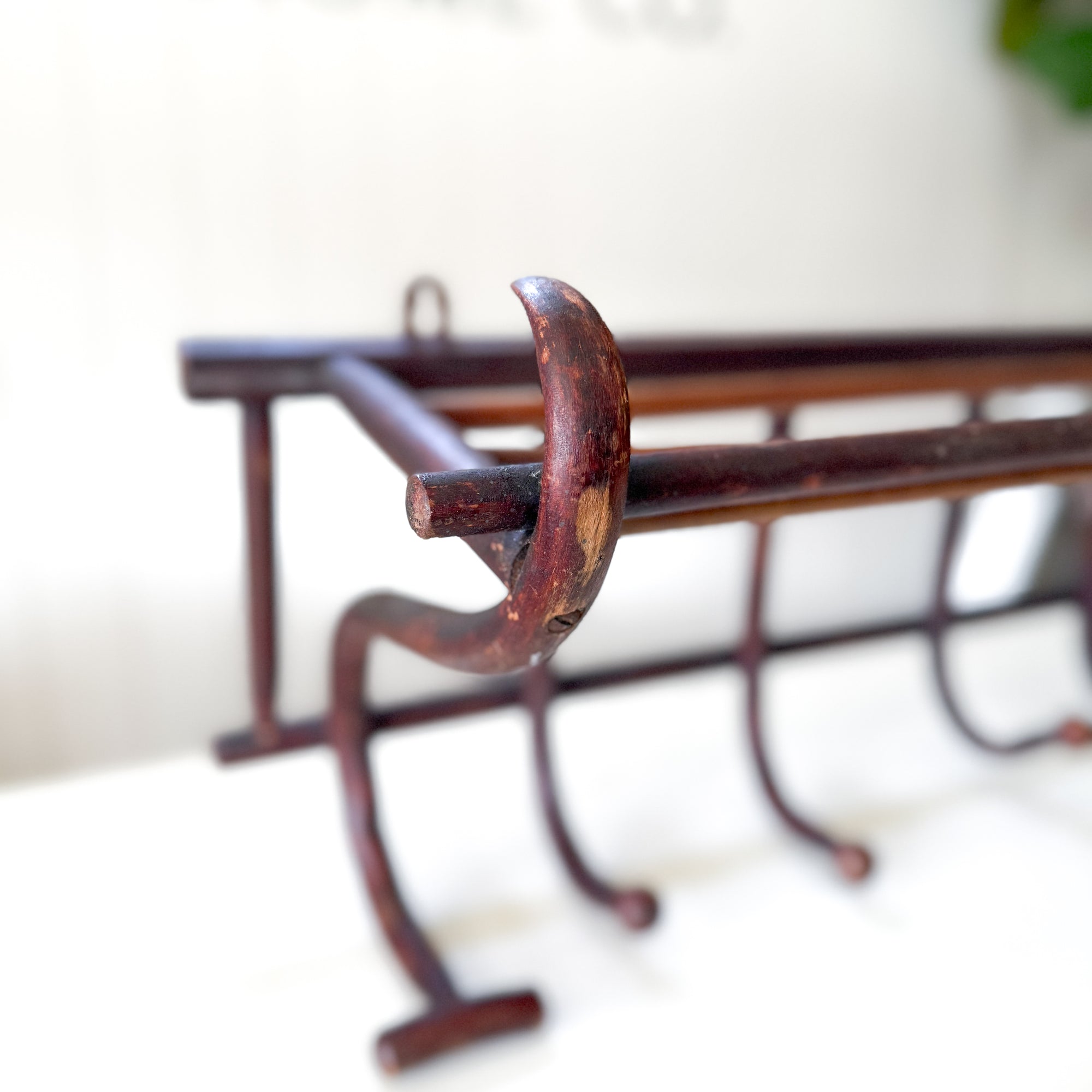 Vintage French Thonet Style Bentwood 7 Hook Coat & Hat Rack with Shelf