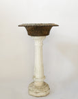 Weathered White Cast Concrete Pedestal + Scalloped Cast Iron Urn | Sold as a Pair