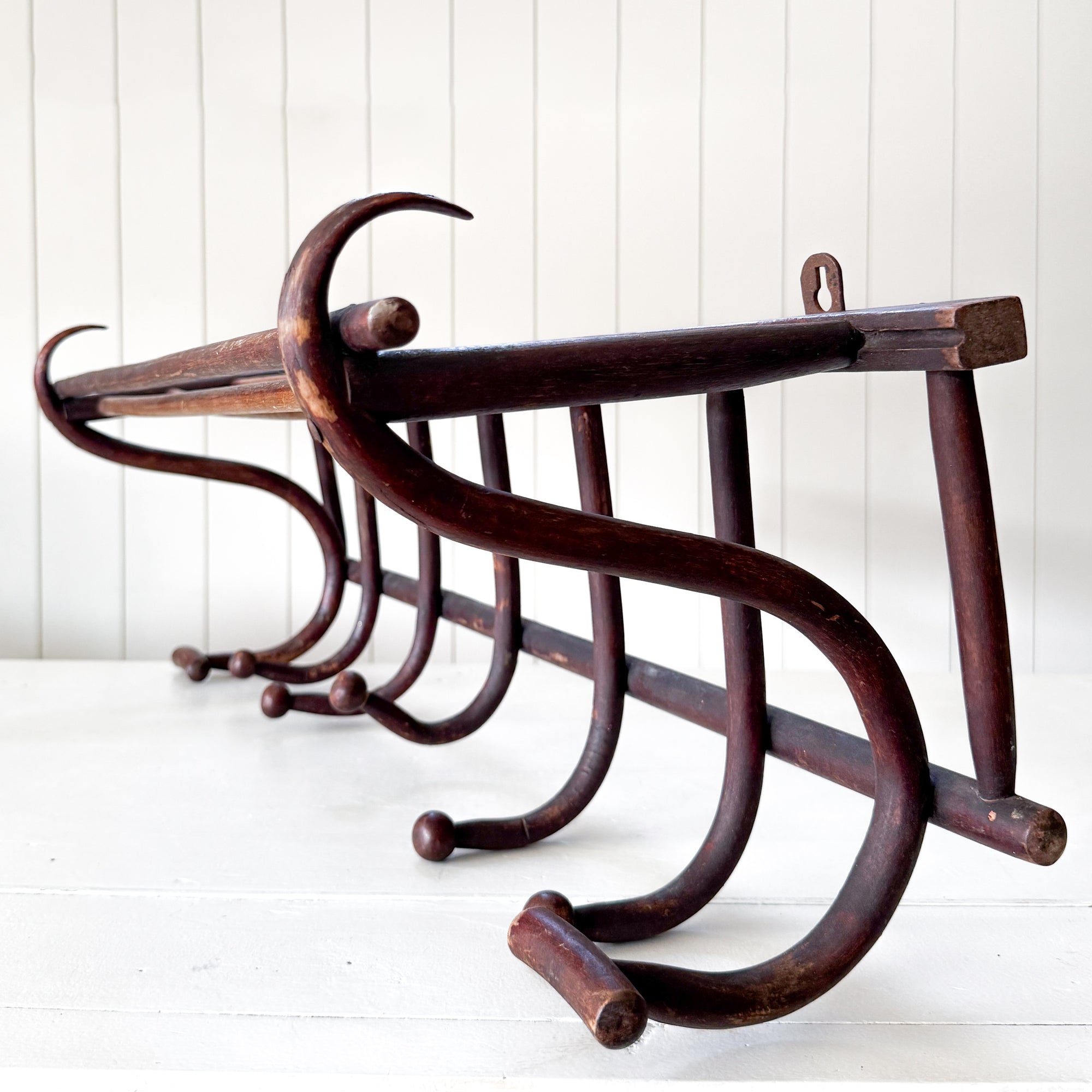 Vintage French Thonet Style Bentwood 7 Hook Coat & Hat Rack with Shelf