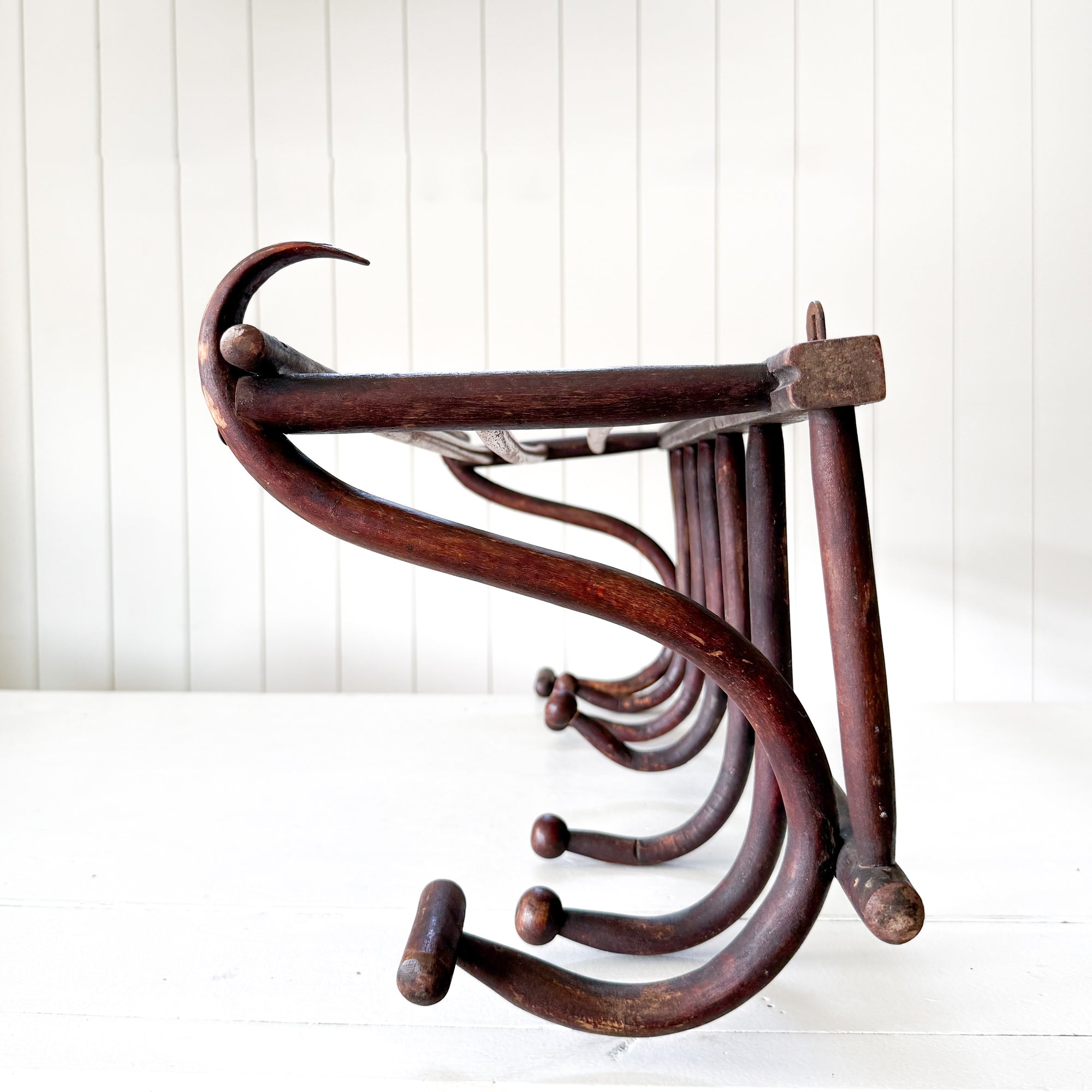 Vintage French Thonet Style Bentwood 7 Hook Coat & Hat Rack with Shelf