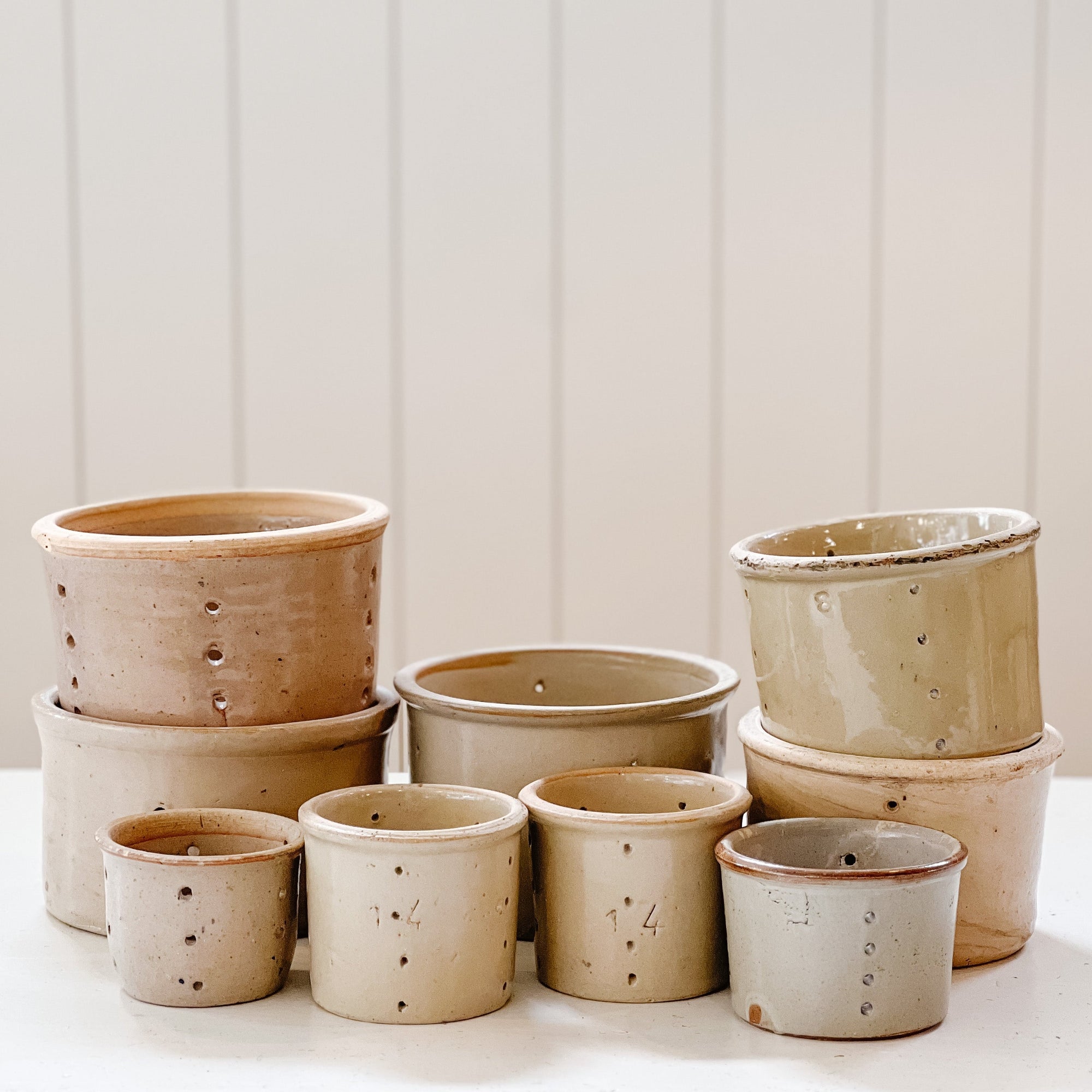 Assorted Vintage French Faisselles Pots | Natural Beige & Grey