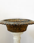 Weathered White Cast Concrete Pedestal + Scalloped Cast Iron Urn | Sold as a Pair