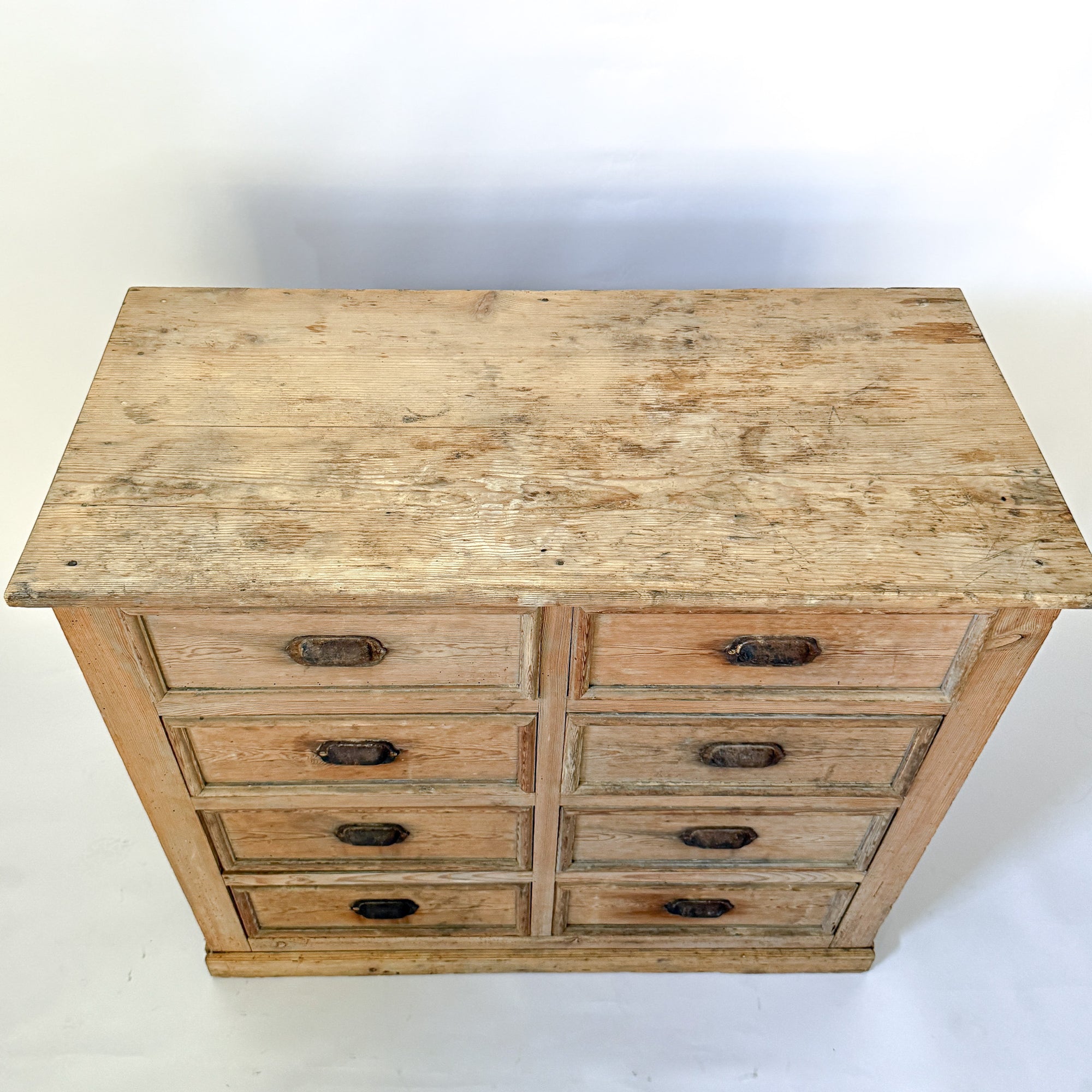 Antique Pine 8-Drawer Console with Patinaed Cup Pulls | France