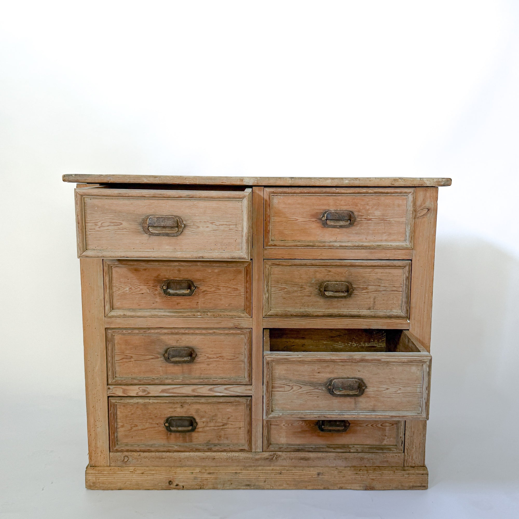 Antique Pine 8-Drawer Console with Patinaed Cup Pulls | France