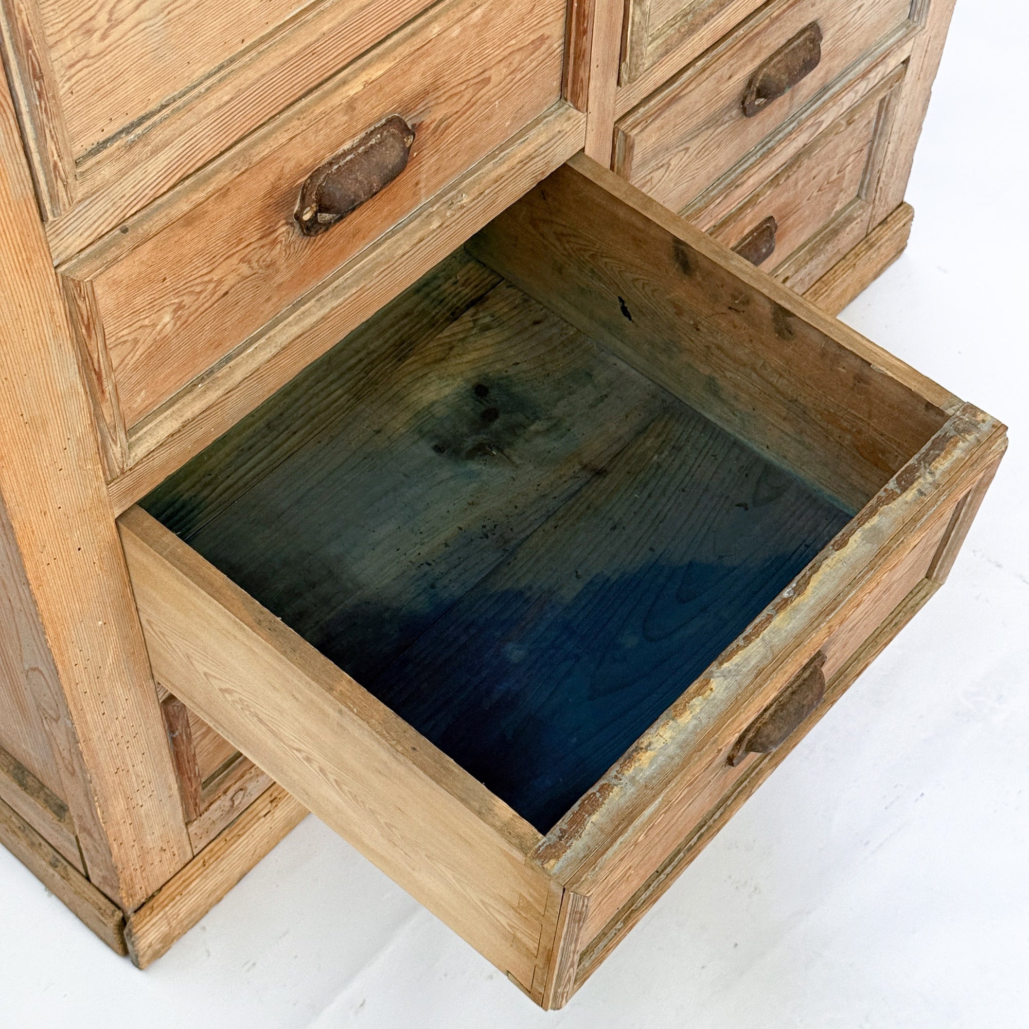 Antique Pine 8-Drawer Console with Patinaed Cup Pulls | France
