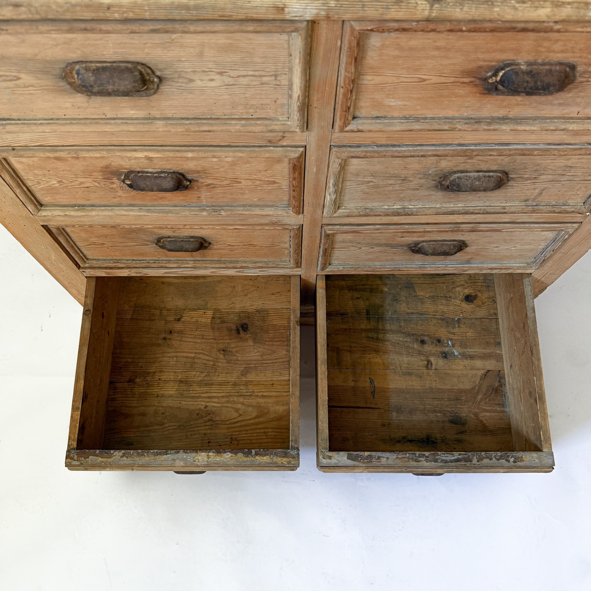 Antique Pine 8-Drawer Console with Patinaed Cup Pulls | France