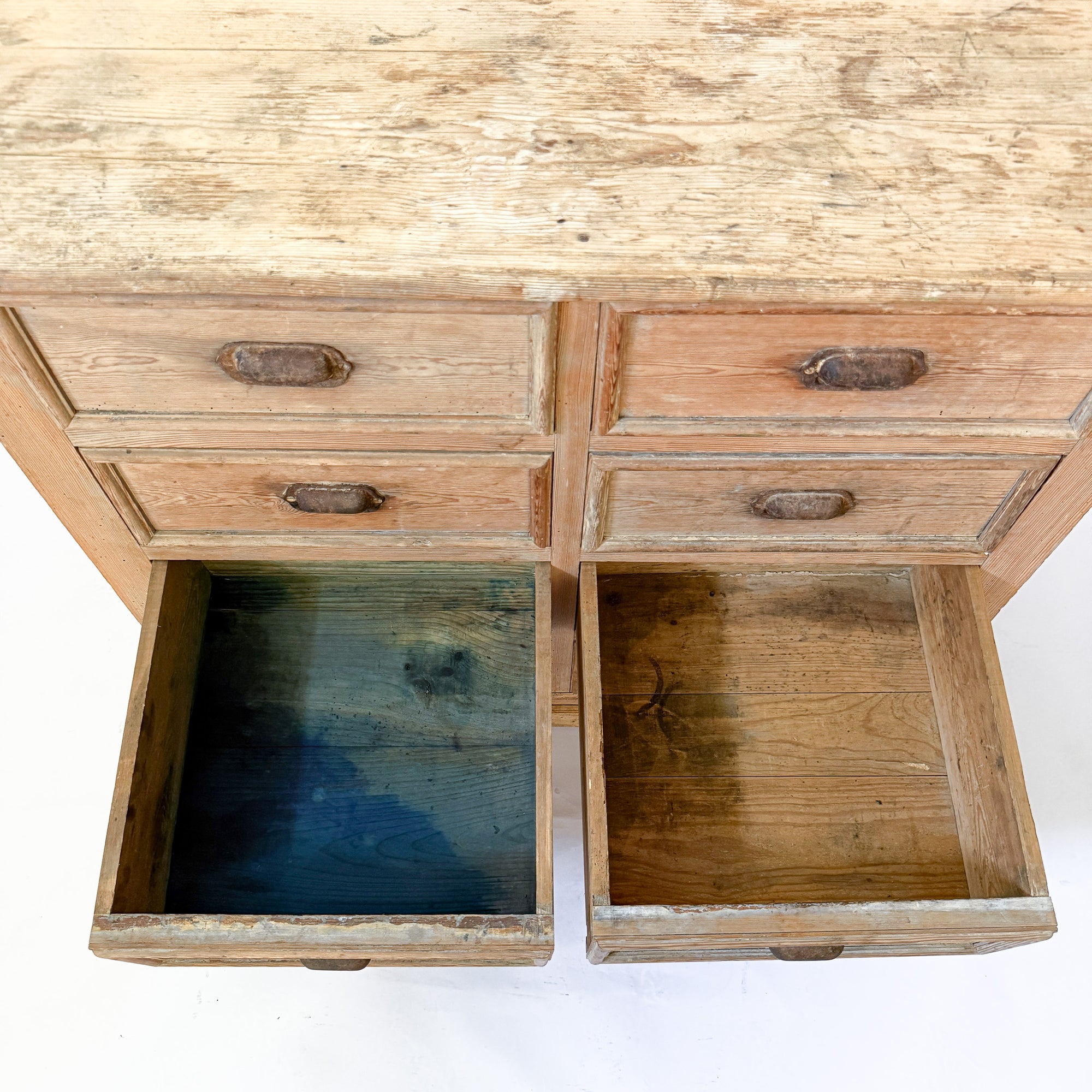 Antique Pine 8-Drawer Console with Patinaed Cup Pulls | France