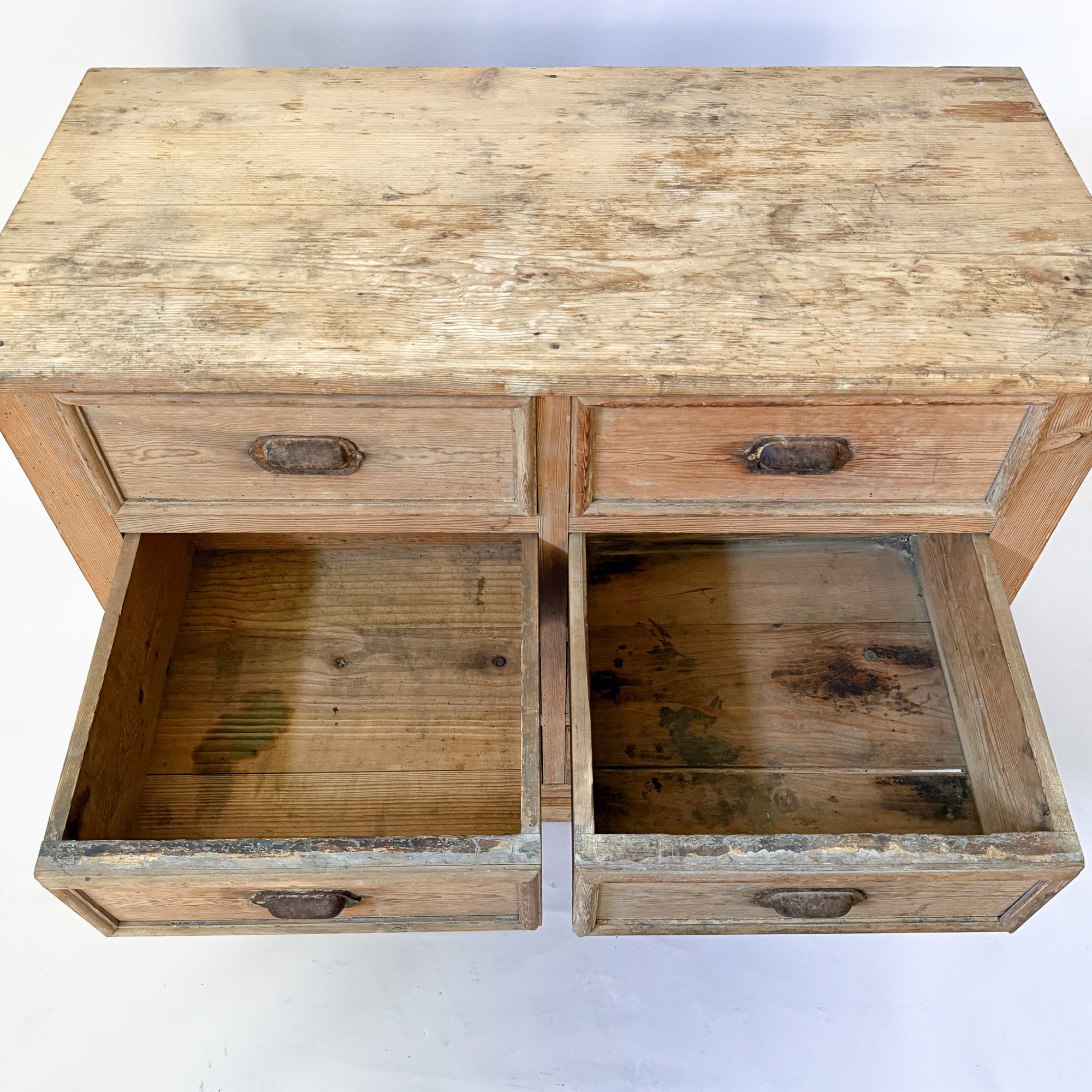 Antique Pine 8-Drawer Console with Patinaed Cup Pulls | France