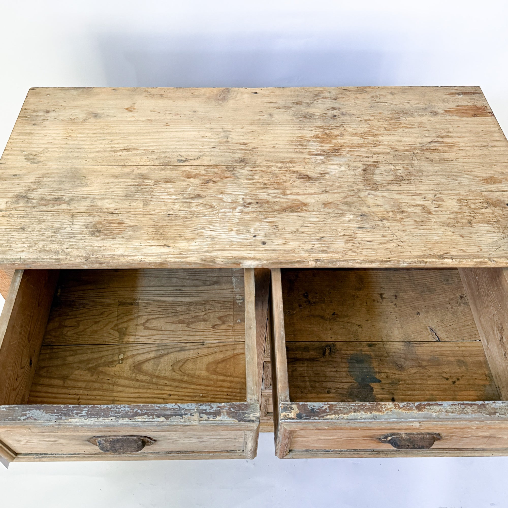 Antique Pine 8-Drawer Console with Patinaed Cup Pulls | France