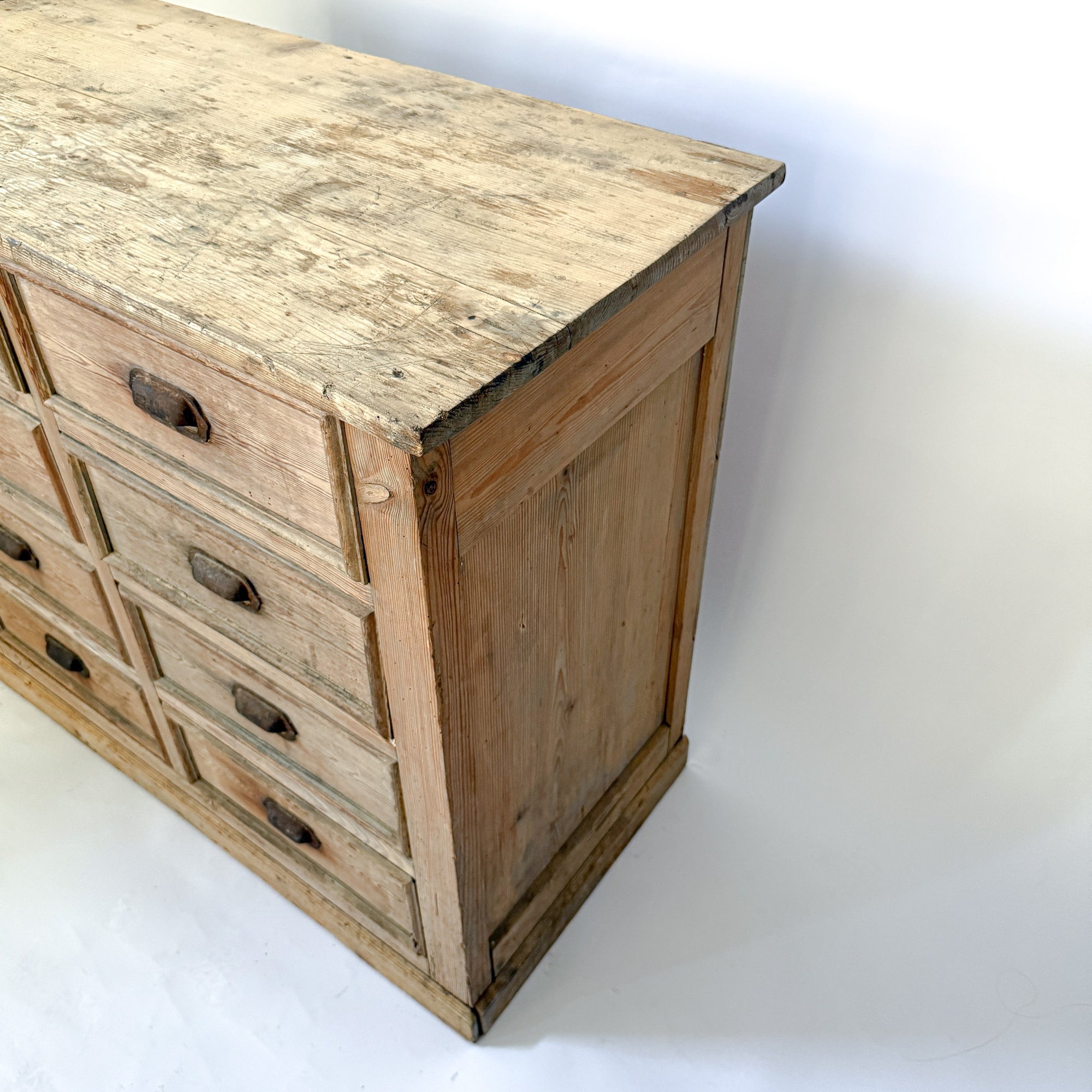 Antique Pine 8-Drawer Console with Patinaed Cup Pulls | France