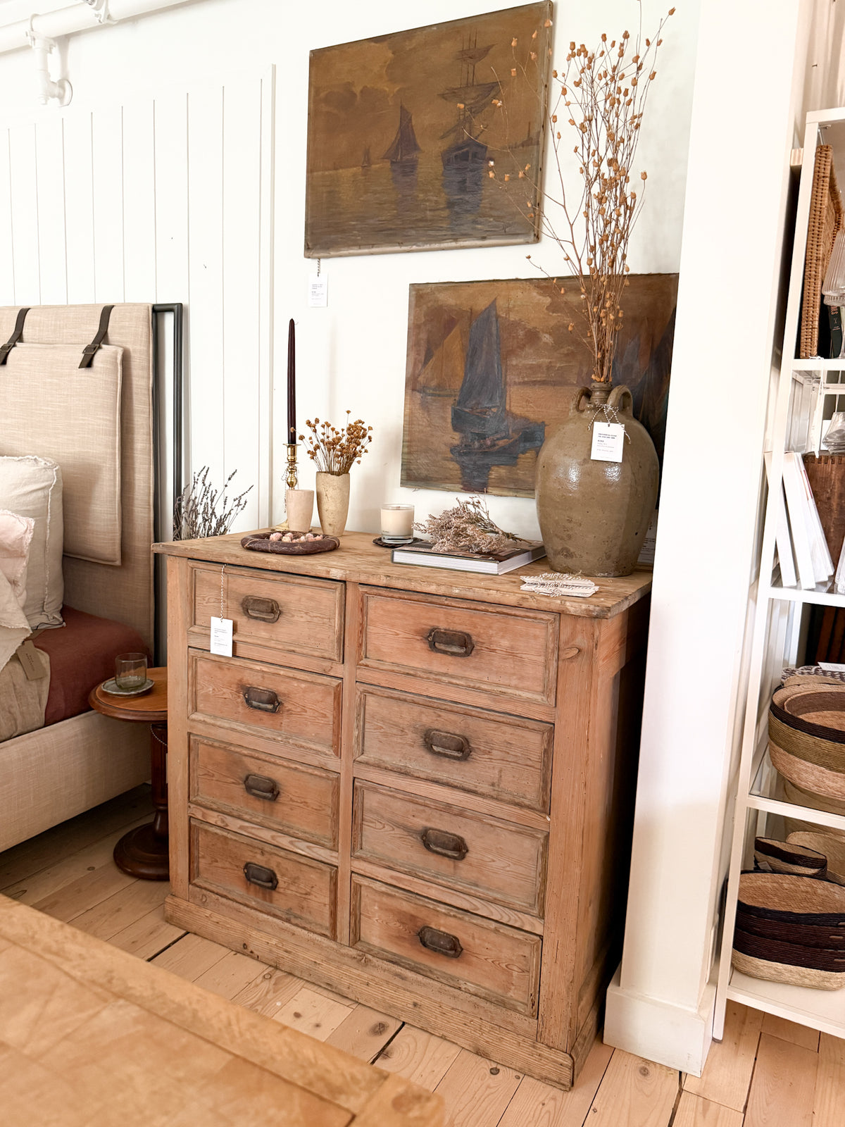 Antique Pine 8-Drawer Console with Patinaed Cup Pulls | France