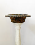 Weathered White Cast Concrete Pedestal + Scalloped Cast Iron Urn | Sold as a Pair