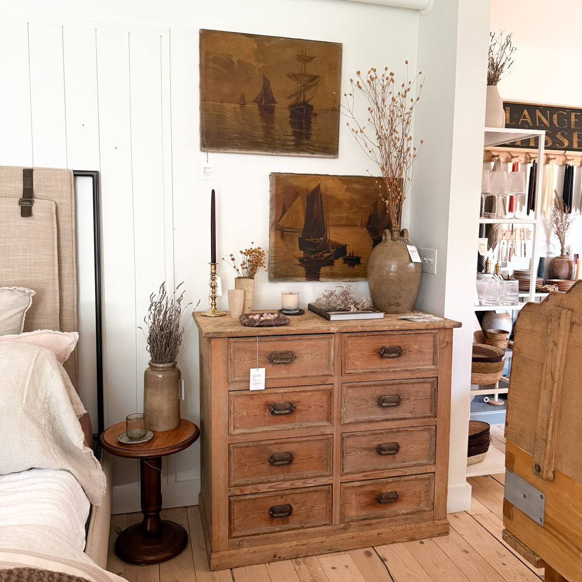 Antique Pine 8-Drawer Console with Patinaed Cup Pulls | France