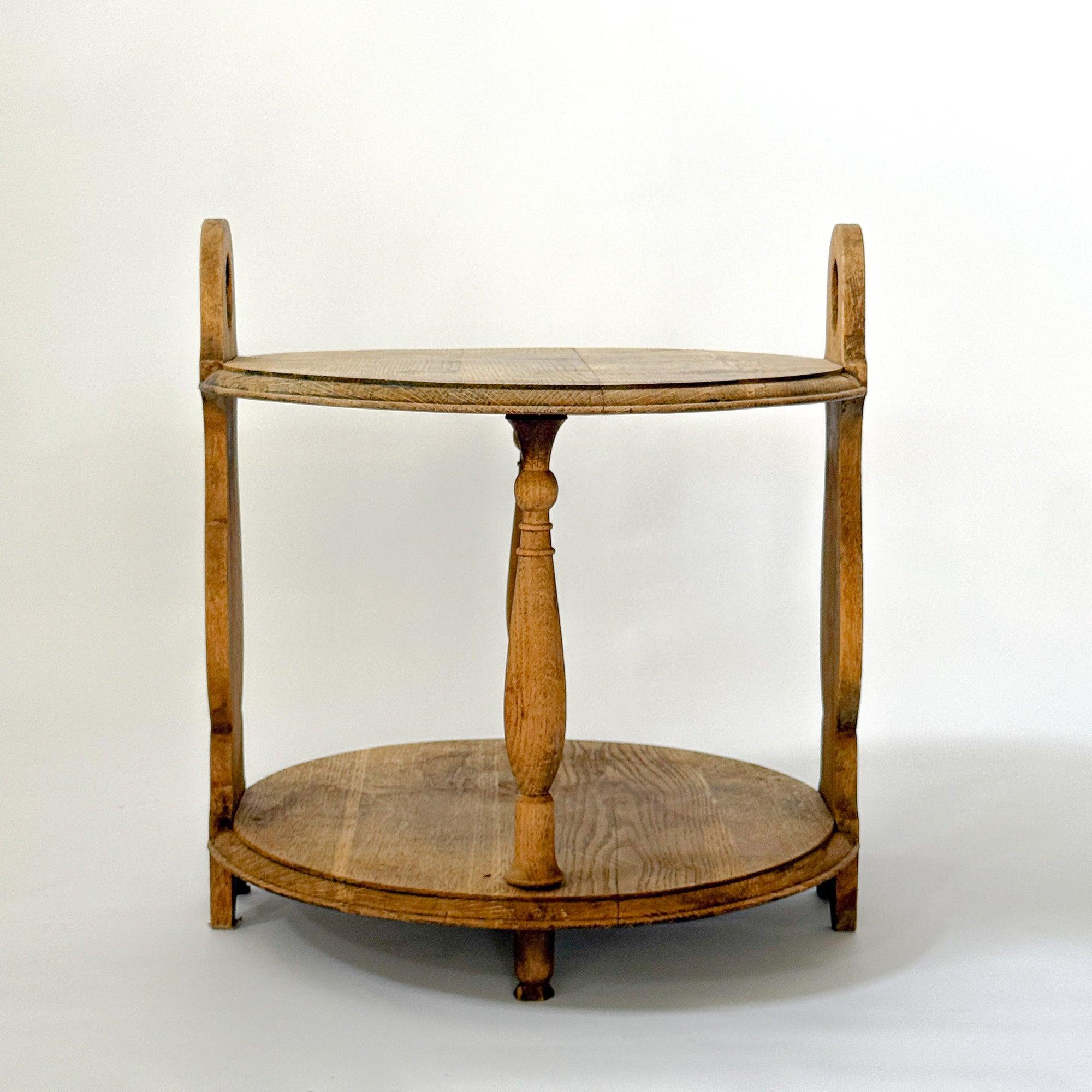 Hand-Carved French Oak Round Tiered Side Table with Handles