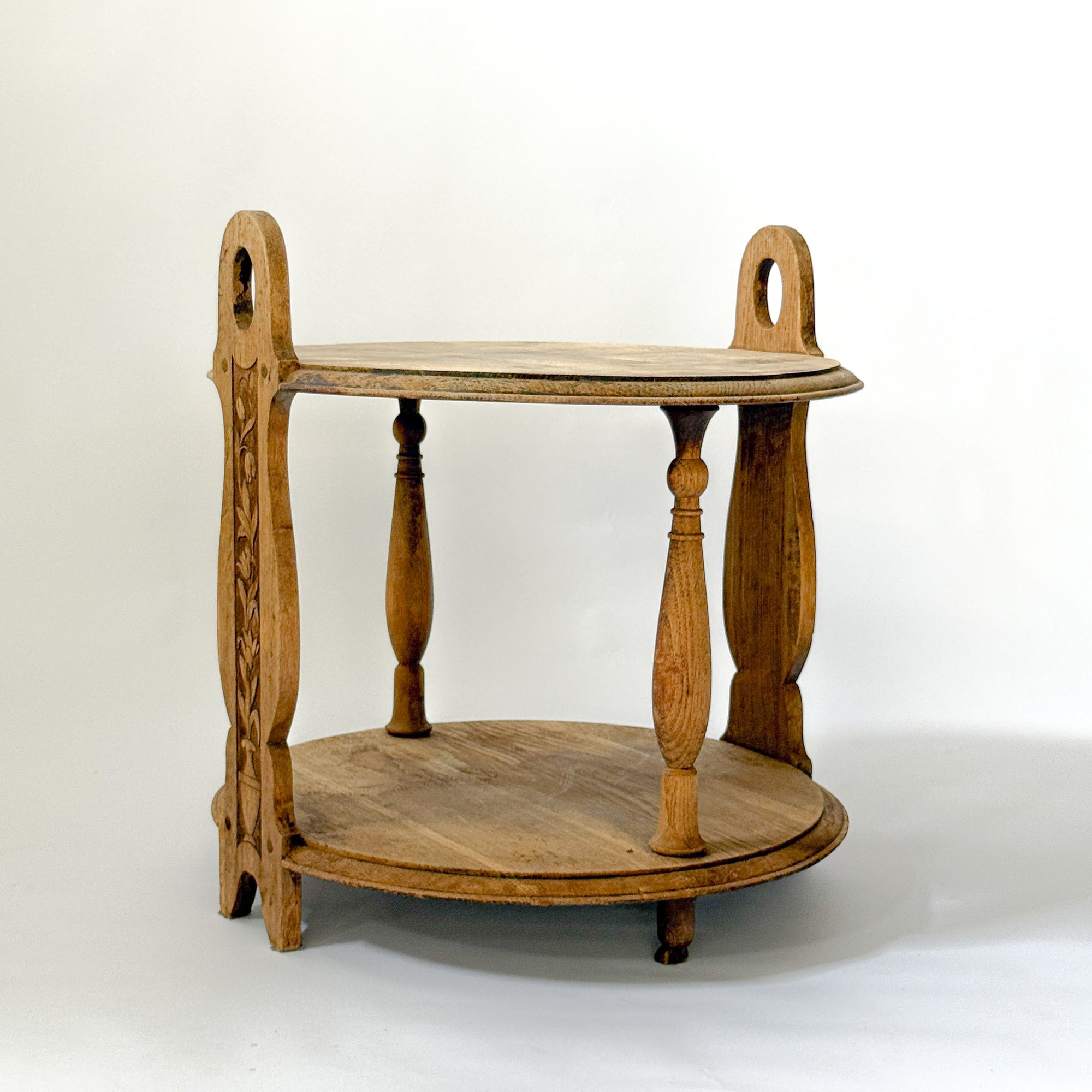 Hand-Carved French Oak Round Tiered Side Table with Handles