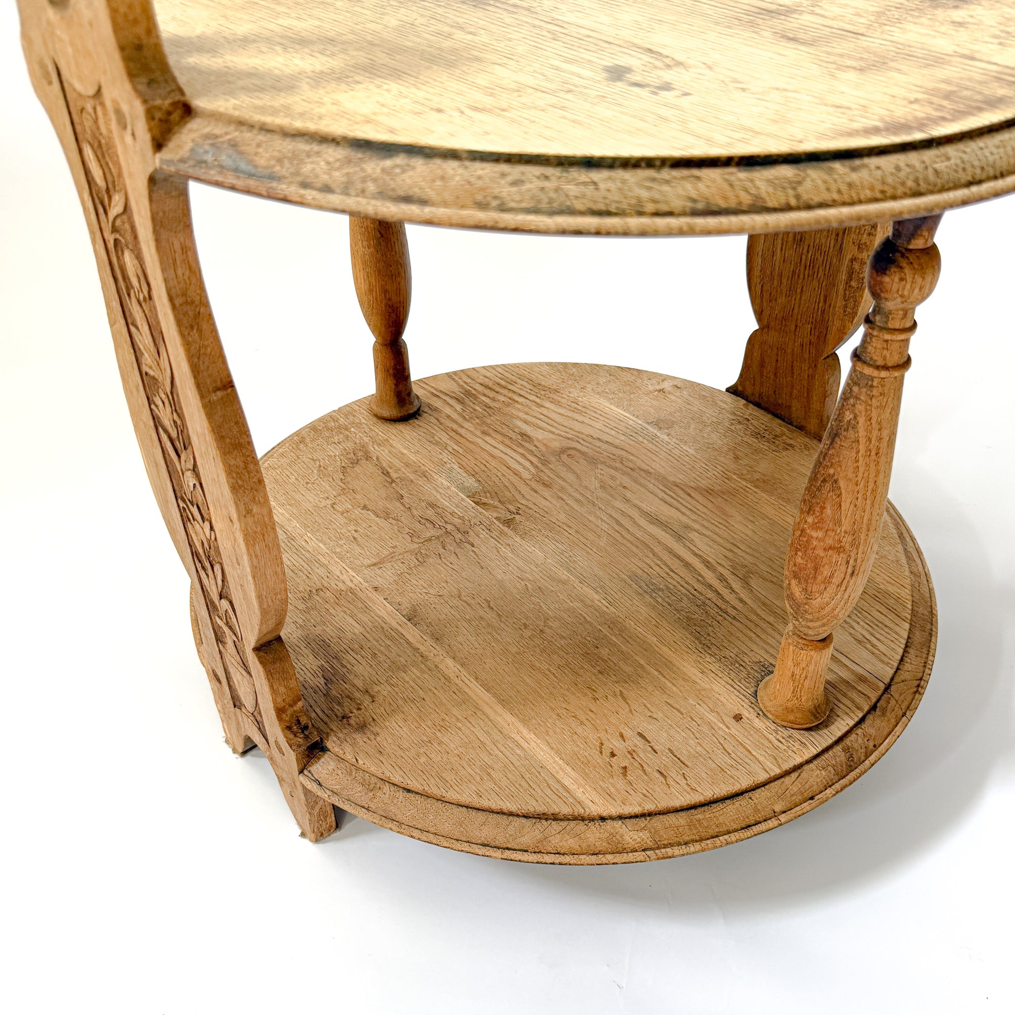 Hand-Carved French Oak Round Tiered Side Table with Handles