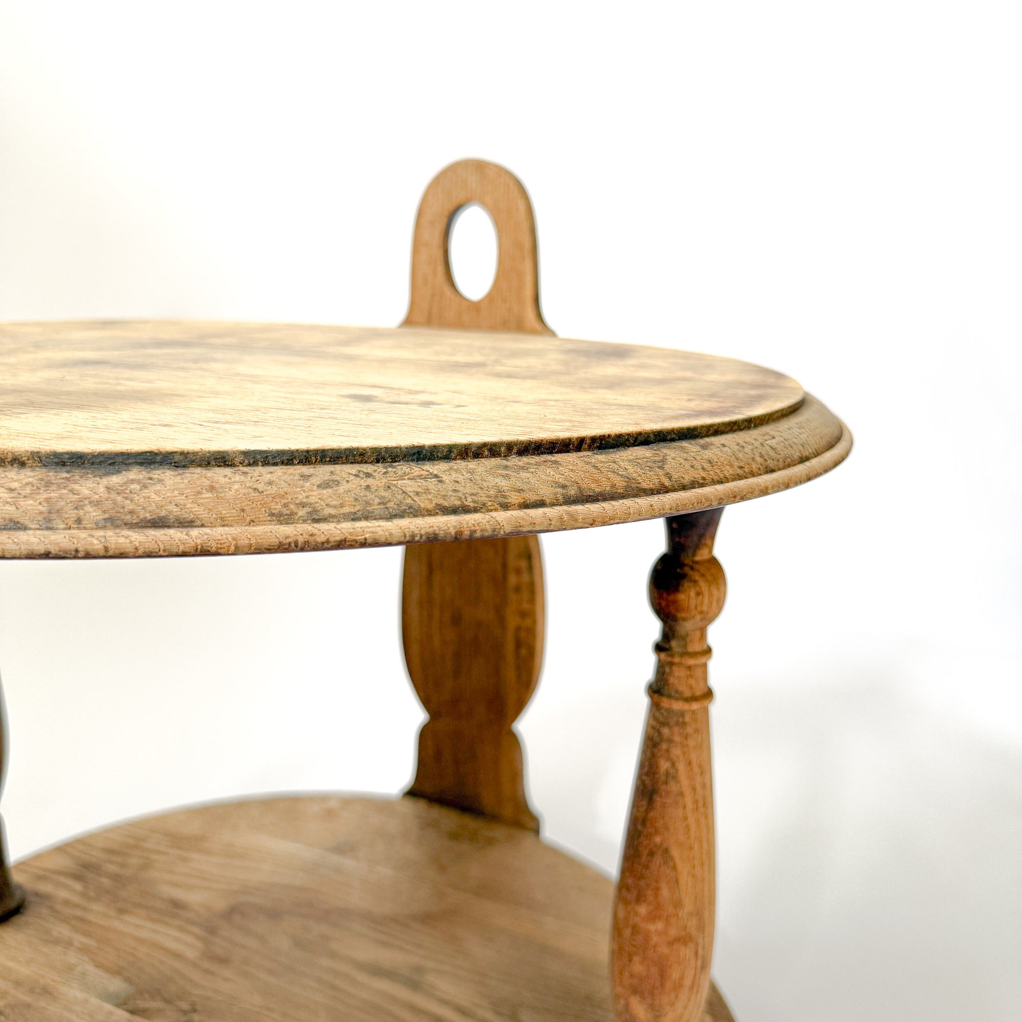 Hand-Carved French Oak Round Tiered Side Table with Handles