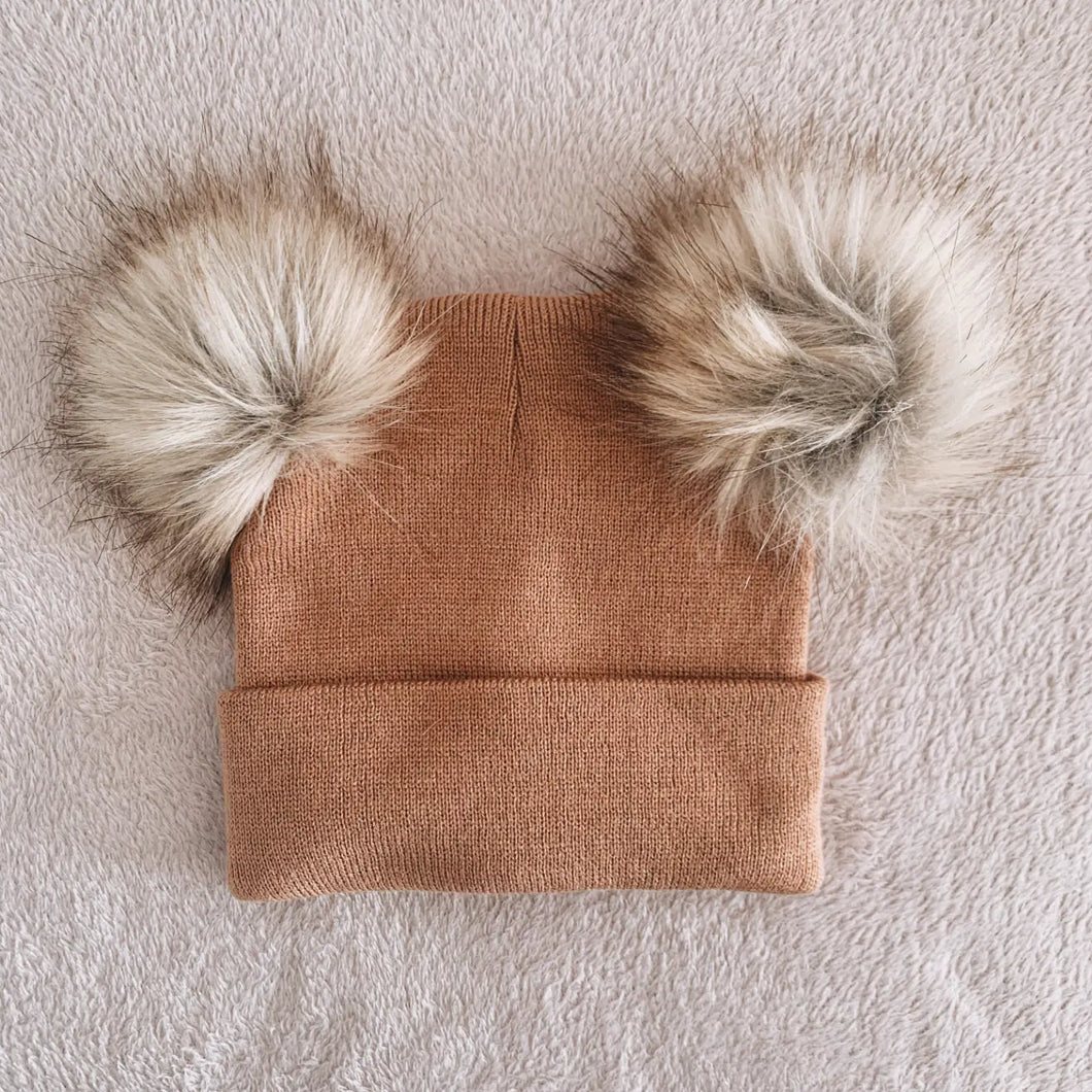 Knit Double Pom Beanie Hat | Dusty Blush